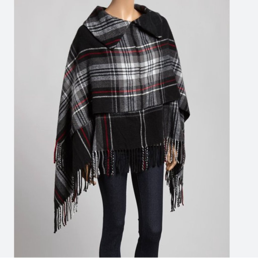 Steve Madden Charcoal Plaid Collared Poncho 100% Acrylic Layered Fringes